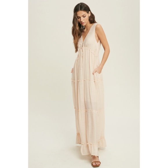 SOLD OUT Natural Bohemian Sleeveless Tiered Ruffle Drawstring Casual Maxi Dress - Picture 5 of 5